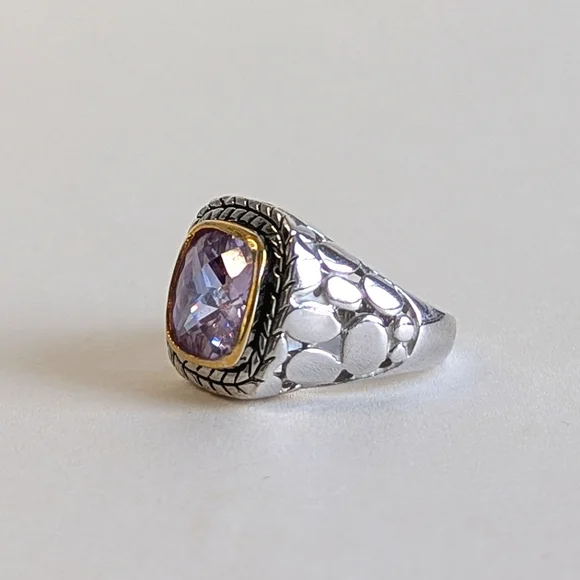 Vintage Cushion Cut Amethyst Silver-plated Ring Vine Frame Open Pebble Design - Picture 4 of 9